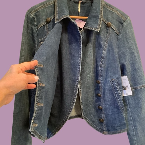 Free People Military Style Dark Wash Denim Jacket Sz L New - Picture 3 of 6